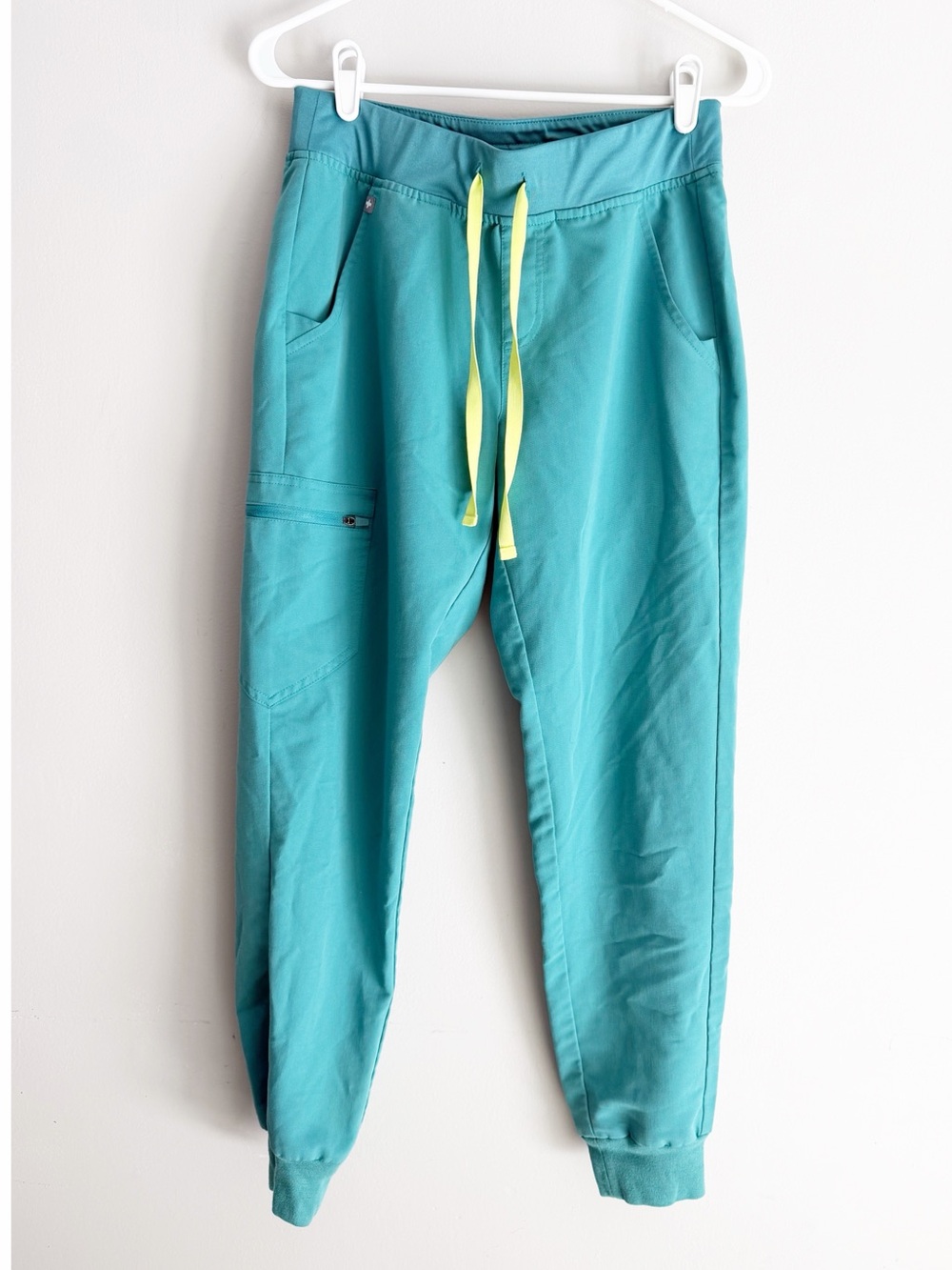 Figs Teal Track Jogger Pants with Neon Yellow Drawstring